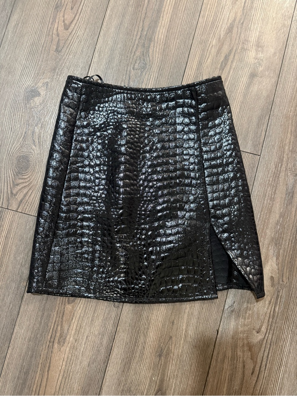 Motel Rocks Pelma Faux Croc Mini Skirt Black Side Slit XXS Y2K